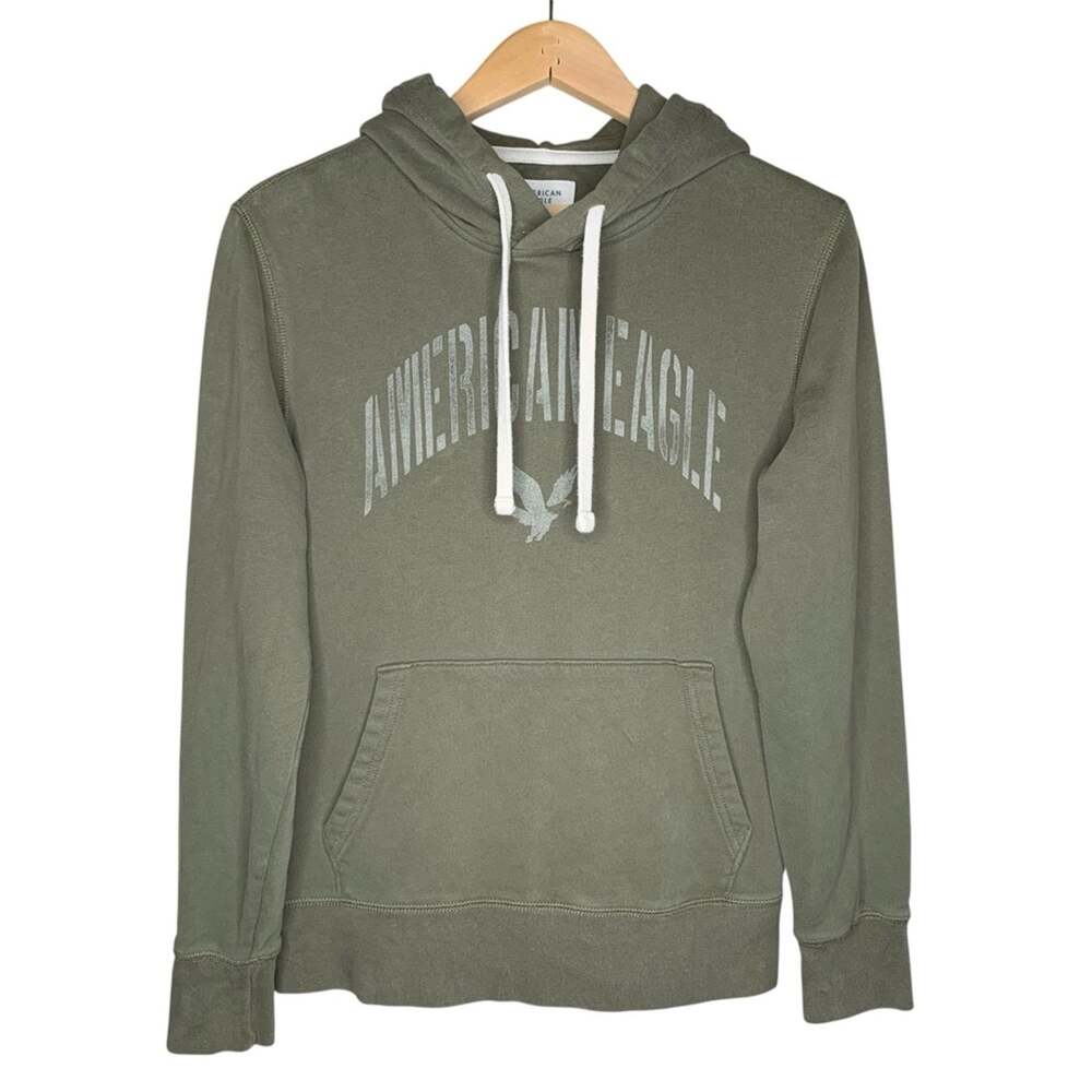 American Eagle Hoodie XS AEO Eagle Graphic Logo Olive Green Gorpcore Pullover